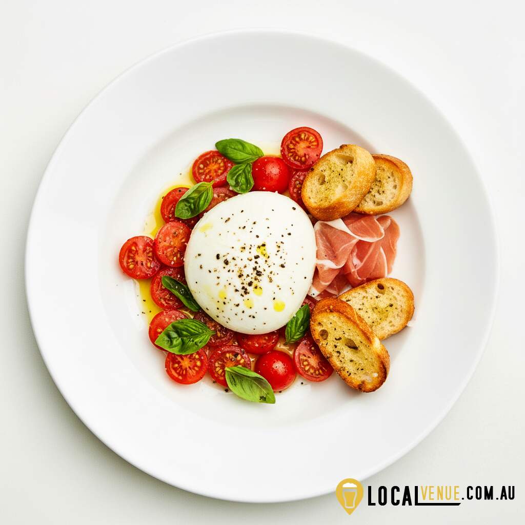 Bowl of marinated heirloom tomatoes, cucumber, stracciatella, mint & basil Full