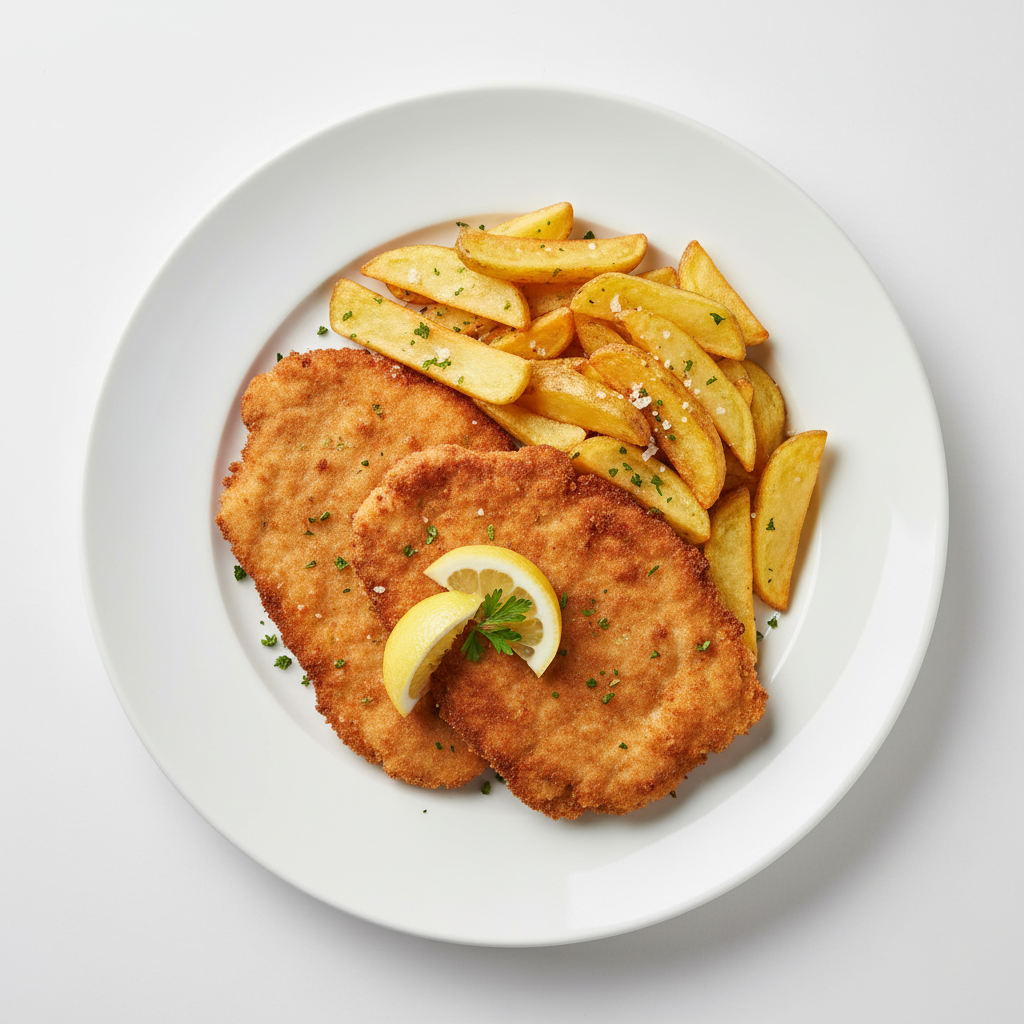 Chicken Schnitzel, chips, salad & aioli Full