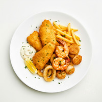 Crumbed Calamari + Prawn Cutlets, Chips + Salads