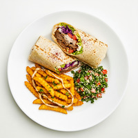 Pulled chicken pita, amber, toum, sumac onions, pickles