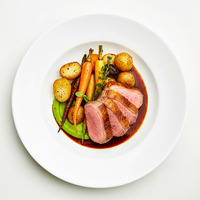Lamb rump - blistered beans - eggplant caponata - black pepper balsamic glaze